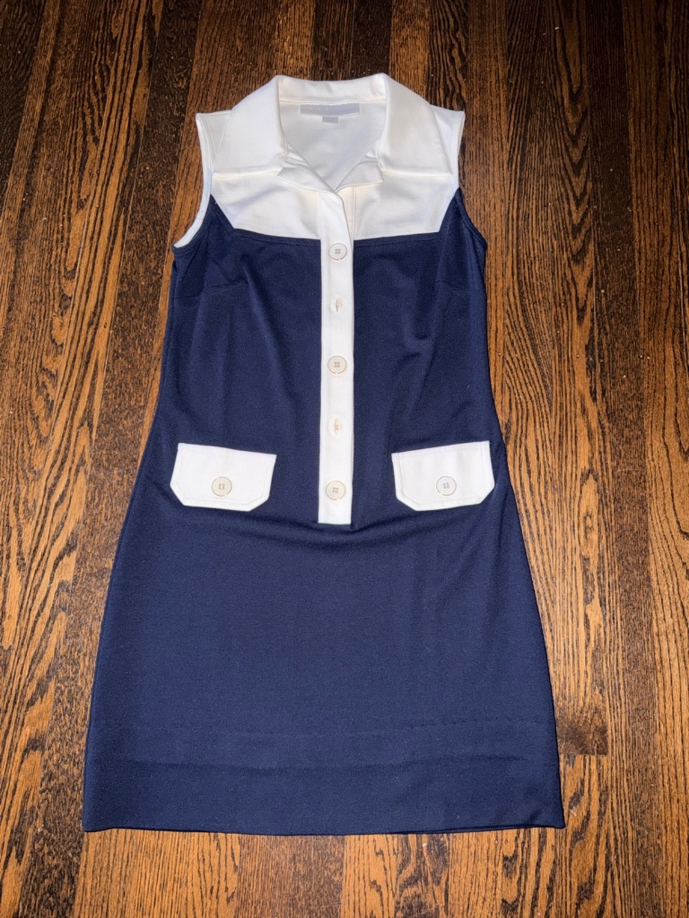 Lesley Evers Sleeveless Navy and White Button-Front Mini Dress xs